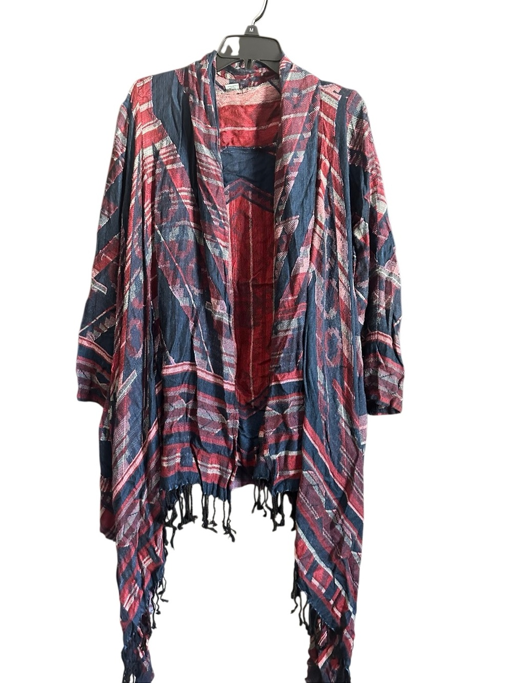 Nostalgia Boho Fringe Open-Front Cardigan Sweater - Red & Navy. S